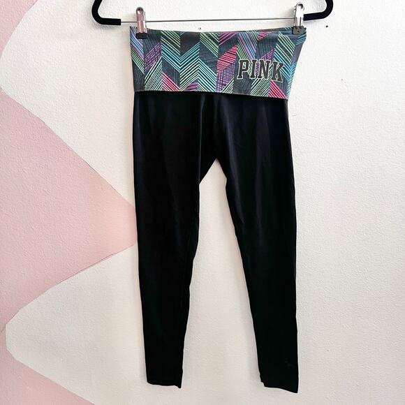 Victorias Secret PINK Black Logo Fold Over Leggings Y2K 2000s Stretch Yoga XS - Picture 1 of 7
